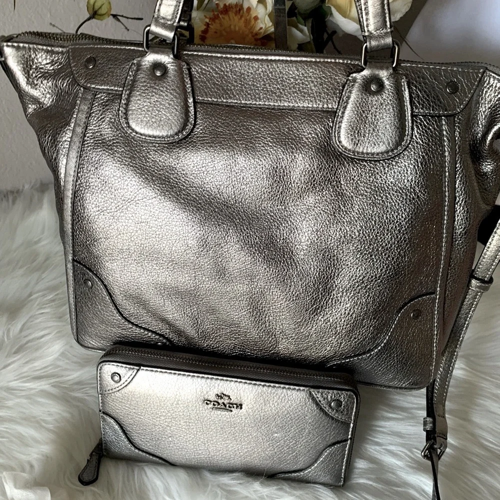 RARE Coach Mickie Silver Metallic Satchel and Rare Matching Wallet